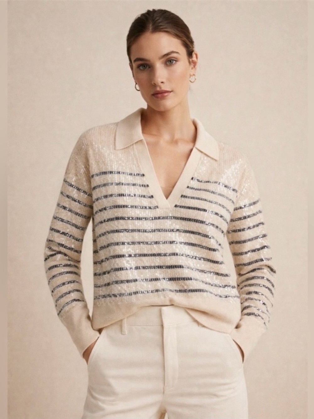 J. Crew Cream V-Neck Polo Sweater with Navy Sequin Stripes
